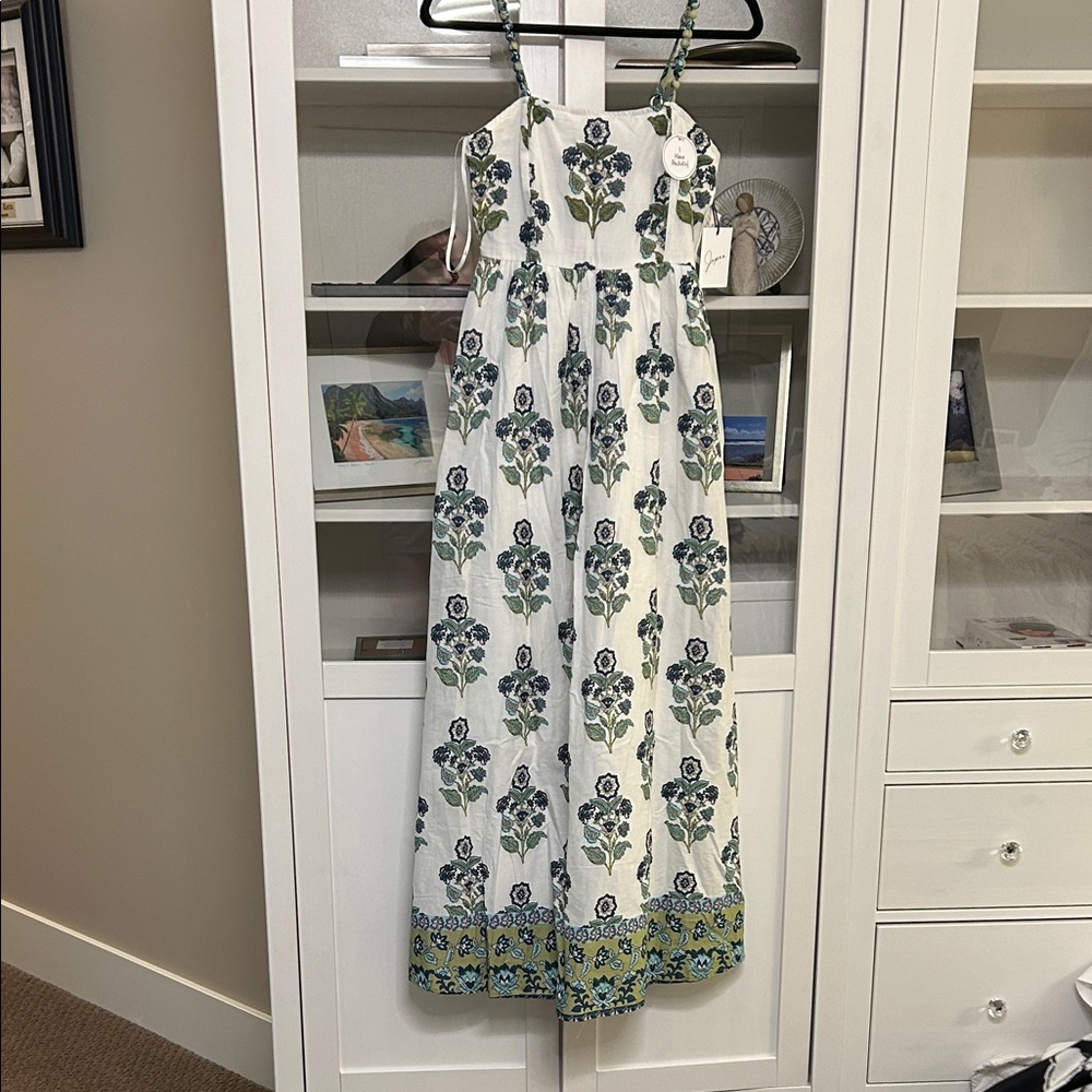 Japna White Midi Dress with Blue and Green Floral Print